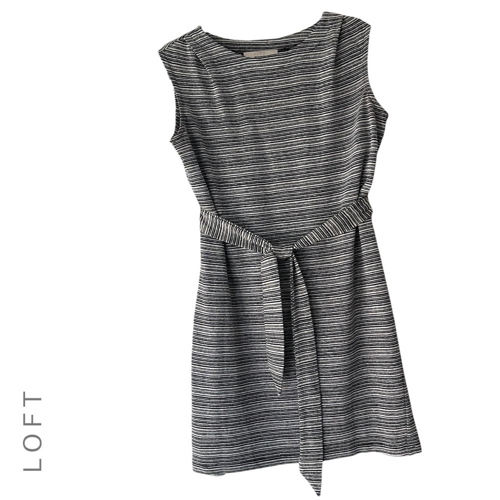 LOFT NWOT SLEEVELESS LINEN BLEND TIE WAIST SHIFT DRESS BLACK & WHITE | XS